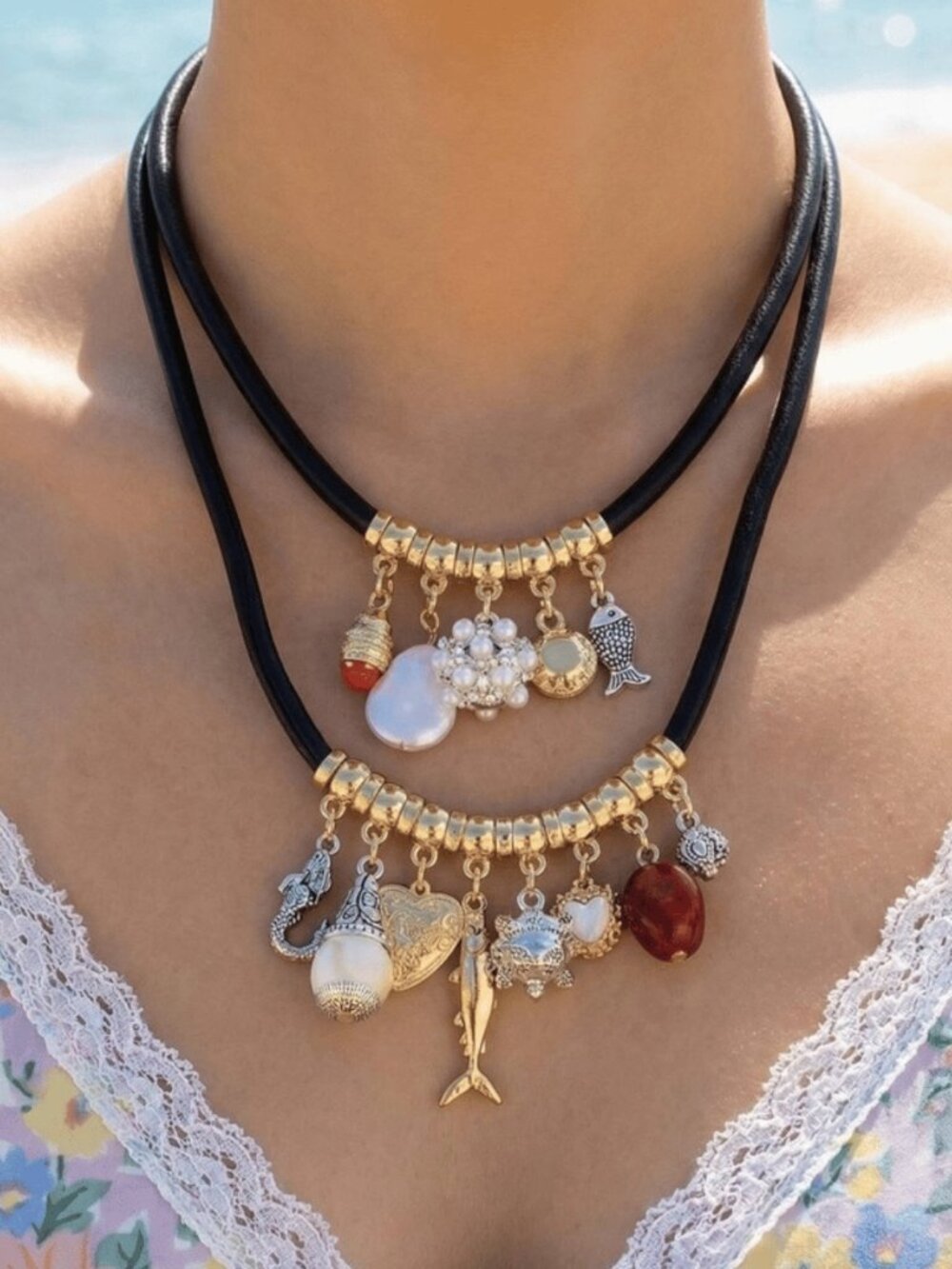 You Me & The Sea Charms Ocean-Inspired Cord & Pendant Layered Necklace